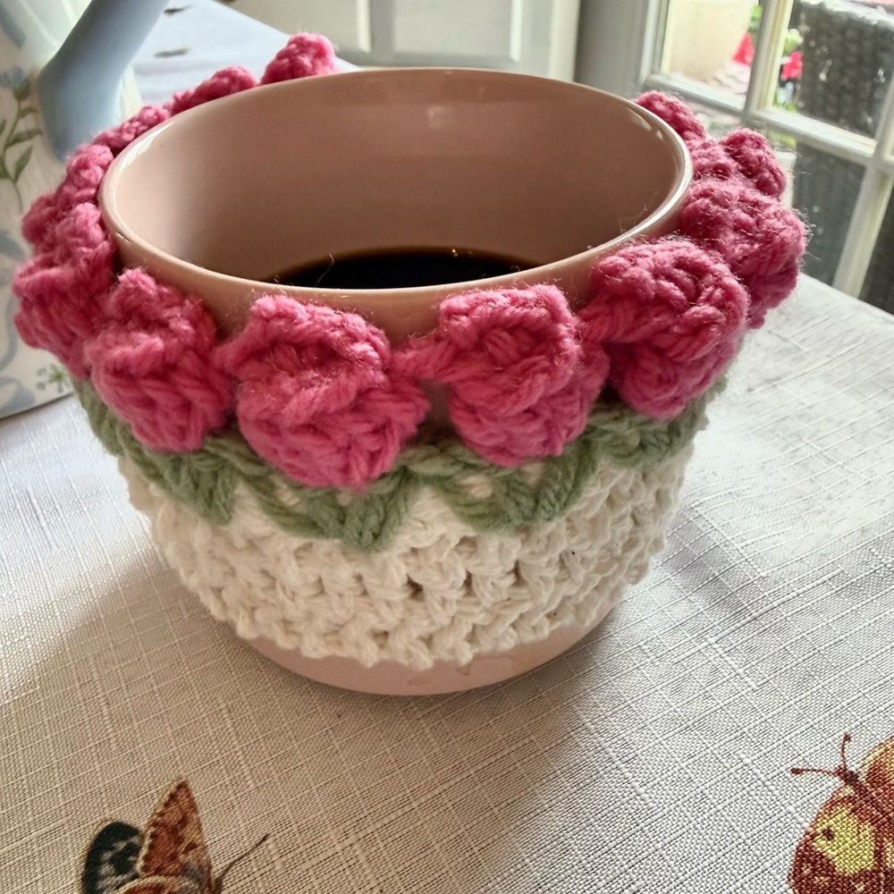 Handmade Crochet Pink Rose Mug Cozy - Floral Cup Sleeve / Warmer - Picture 2 of 6